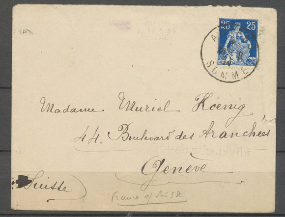 1914 Lettre SUISSE, 25c. Obl. Càd France Amiens, arrivée Genève, SUP X3950