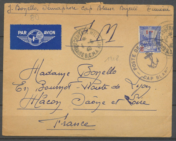1940 Lettre POSTE DE SEMAPHORE/CAP BLANC, grand càd obl. 1/80c. Tunisie X3954