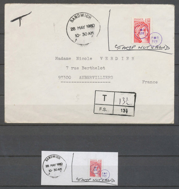 1980 Env. Liberté, 1.30 posté à SANDWICH, refusé, oblitéré violet et taxé. X3962