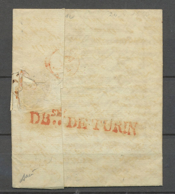 1812 Lettre marque linéaire Dbse. DE TURIN, rouge 1812 pour modif. Texte X3969