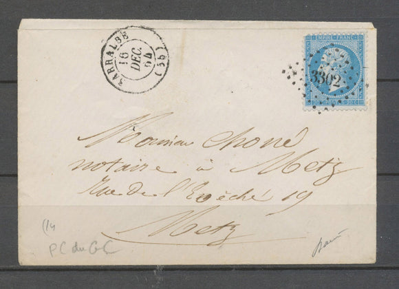 1864 env. Sarralbe PC du GC 3302 sur n°22, C.15. Moselle. Superbe X3979