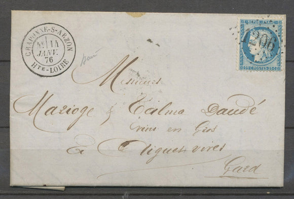 1876 Lettre Craponne-s-Arzon/Hte Loire GC 1206 sur n°60 + C.18, SUP X3986