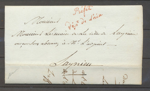 1816 Lettre Préfet/dept de l'Ain, rouge, AIN. X3998