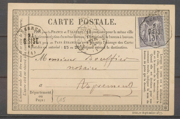 1878 CP conv. Station Serres G.SIST + obl. 15c. Sage, précurseur rare, SUP X4001