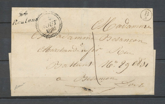 1853 Lettre Cursive 24/Roulans + dateur B + B3: Lusans, DOUBS Superbe X4018