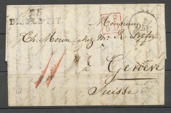 1828 Lettre marque 25/DIEU-LE-FIT,41*12 + CF/5D rouge et taxes Suisses X4024