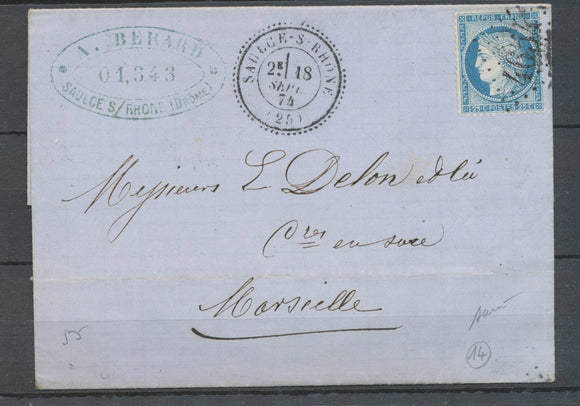1874 Lettre Saulce-S-Rhône, GC 4654 sur n°60, C.24, Superbe DROME X4028
