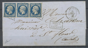 1856 20c. De trop sur lettre d'Avignon à St Flour, bande de 3 n°14 foncé X4046
