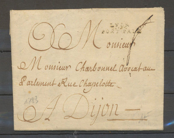 1783 Lettre LYON/PORT-PAIE, RHONE Signée Baudot X4050