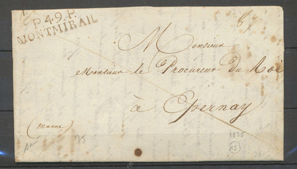 1825 Lettre marque linéaire P49P/MONTMIRAIL, brun-noir, MARNE X4077