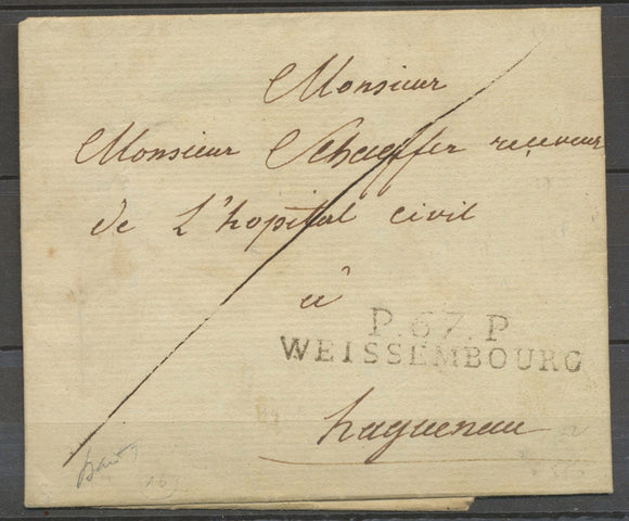 1811 Lettre marque linéaire P67P/WISSEMBOURG, 52*9, BAS-RHIN X4091