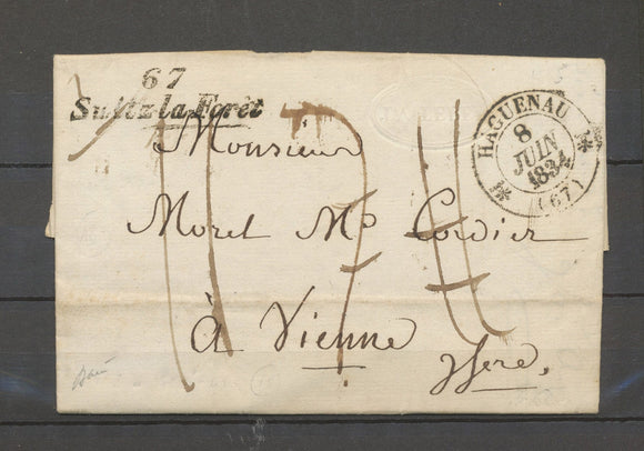 1834 Lettre Cursive 67/Sultz-la-Forêt 45 cm + C.12 Haguenau, BAS-RHIN X4092