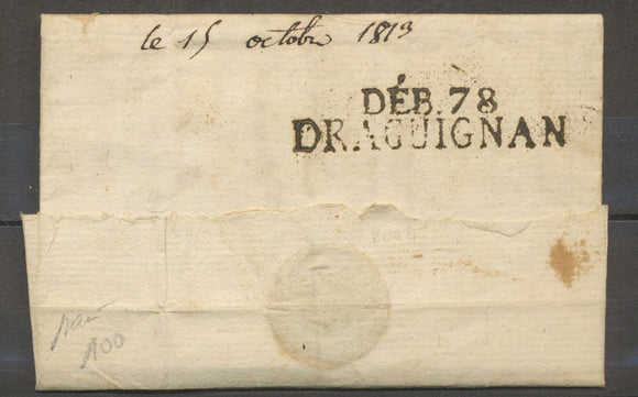 1813 Lettre marque linéaire DEB 78/DRAGUIGNAN, pour Mr Seillon VAR X4098