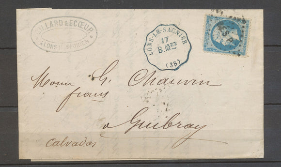 1868 Lettre Lons-Le-Saumier, conv. Station BLEU, B.Mrd + N°22 obl. BES.P. X4145