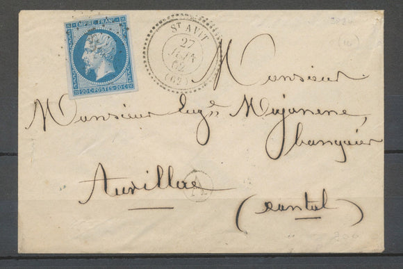 1862 Enveloppe  C.22 St Avrit, PC 3884 sur n°14, PUY DE DOME X4156