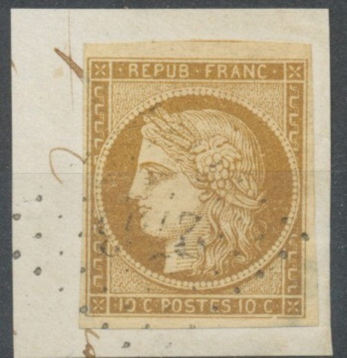N°1 10c bistre oblitération PC légère, sur fragment, Superbe. X4500