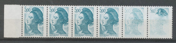 N°2188, Liberté 5,00 bleu-vert, bande de 6 impression très défectueuse X4537