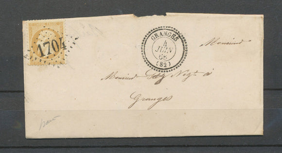 1865 Lettre 10c en local GC1704 GRANGES CAD T22 perlé VOSGES(82). Rare X4556