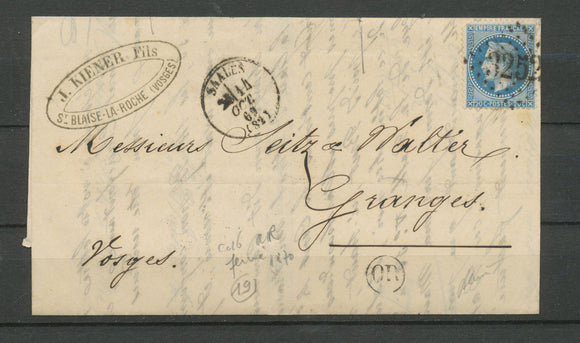 1869 Lettre N°29 GC 3252 Saales + Cad T16  bureau fermé 1870 VOSGES(82) X4562