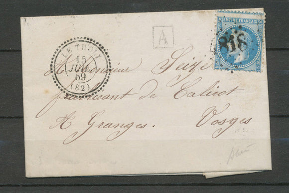 1869 Lettre N°29 Le Tholy, GC 4818 + CAD T22 + A urbaine, rare VOSGES(82) X4563