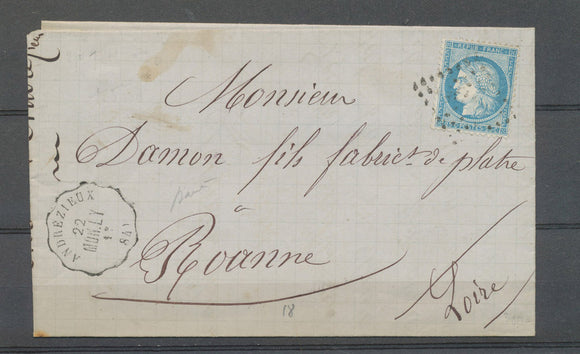 1871 Lettre conv.-station Andrézieux, MON.LY + GC évidé RARE LOIRE(84) X4570