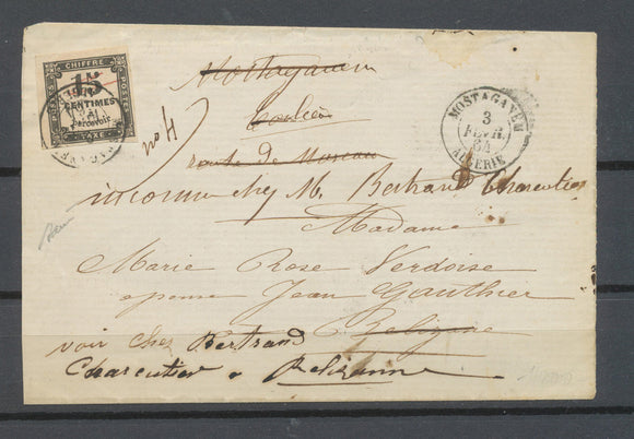1864 Lettre Mostaganem, C 15 obl. 15c taxe + plume rouge ALGERIE X4576