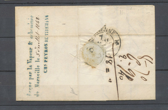 1842 Lettre Griffe Reçue par le Vapeur & acheminée de marseille X4592