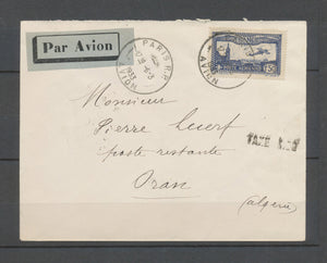 6.3.1933 Env . Paris-ORAN, ESSAI BOUSCAT, 1f 50 Avion + griffe TAXE 3,30 X4605