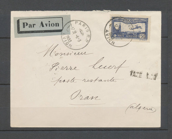 6.3.1933 Env . Paris-ORAN, ESSAI BOUSCAT, 1f 50 Avion + griffe TAXE 3,30 X4605