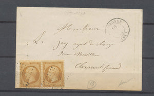 1864 env; Paire 10c Obl PC du GC 1088 CAD T15 Combronde. PUY DE DOME(62) X4639