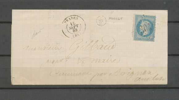 1868 lettre N°29 Cad T15 Prades + E2 : Molight TB PYRÉNÉES ORIENTALES (65) X4644