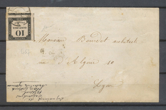 JANVIER 1859, Taxe 10c LITHO (trois voisins, marges énormes) obl C 15 Lyon X4658