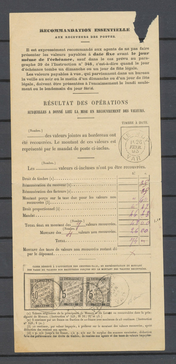 1893 Taxes dentelés noirs , 30c + paire 5c, sur bordereau LE MUY/VAR Rare X4661