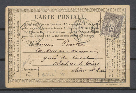 1877 CP 15c obl conv. Station Roumazières/Charente ANG-LI CALVADOS(13) X4670