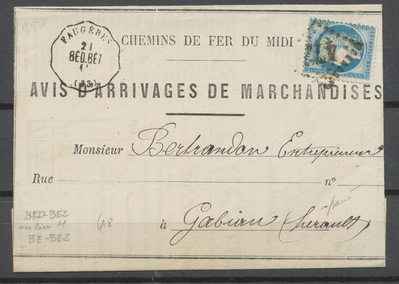 1875 Lettre N°60 conv; Station Faugères BED-BEZ HERAULT(33) Sup. X4679