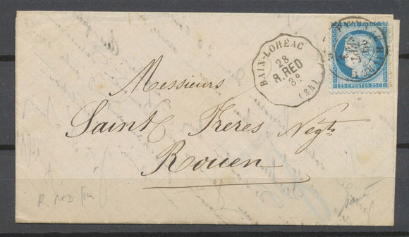 1873 Lettre N°60 obl amb. + Conv Station Bain-Lohéac R.RED ILLE ET VILAINE X4681