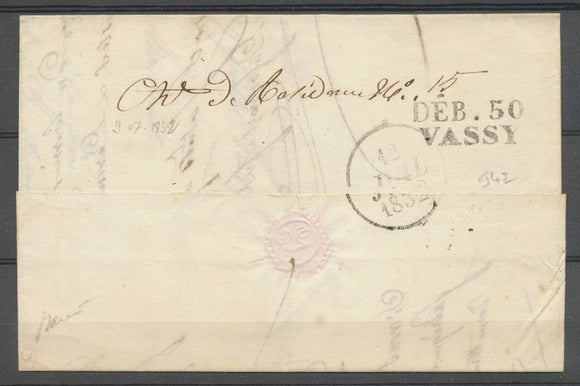 1832 Lettre déboursé DEB 50/VASSY, 26x10, 2ème type rare HAUTE MARNE (50) X4689