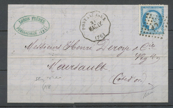1875 Lettre N°60 Obl conv. Station Pontanevaux MAC.LY SAONE ET LOIRE X4705