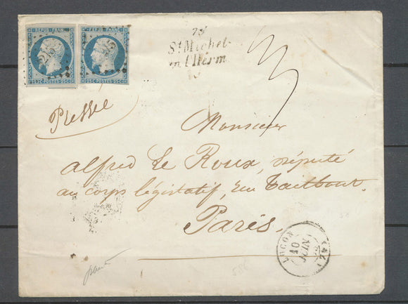 1853 env à 50c(2*N°10) + cursive 79/St Michel/en l’Herm + C15 LUCON VENDEE X4718