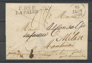 1830 Lettre P89P/LA PALUD, 33x11, pour Milan, type rare, Superbe X4732