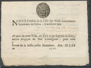 1722 Patente de santé de la ville de MEES, rare, neuf, Superbe X4749