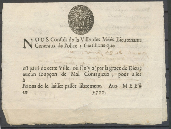1722 Patente de santé de la ville de MEES, rare, neuf, Superbe X4749