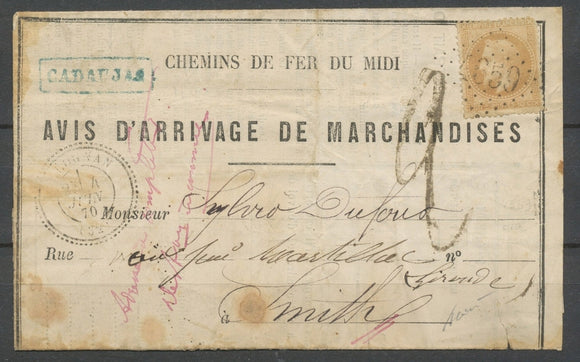 1870 Avis de gare TAXE 2 + 10c lauré obl GC 4659, C 24 Léognan, très rare X4769