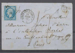 Env. Libourne/21 Avril 1863, 20c dentelé obl PB1° Paris à Bordeaux, Taxe 4 X4772