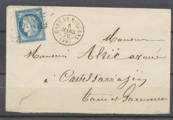 1876 Env. Gare de Morcenx, C 15 + GC sur n°60, très rare, Superbe X4773
