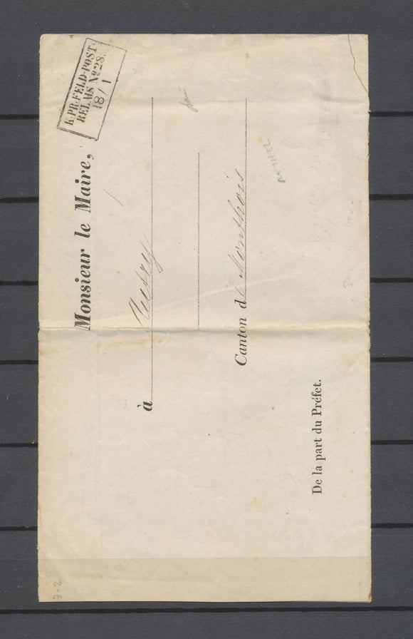 18.1.1871 Lettre RETHEL, K:PR/FELD=POST/RELAIS N°28, rare, Superbe X4778