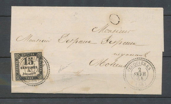 1864 Lettre Taxe 15c obl càd perlé type 22 Feuquières (58), rare, Superbe X4793
