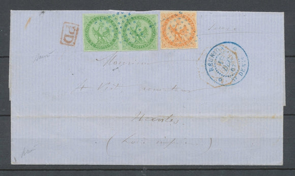 1867 lettre paire 5c vert + 40c orange Aigles obl losange bleu càd REUNION X4814