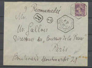 1907 Env. 35c violet obl grand càd hexagonal Paris 16/AV VICTOR HUGO, LR X4827