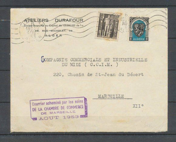 GREVE DE 1953, Env. obl Alger, griffe Chambre de Commerce de Marseille X4838